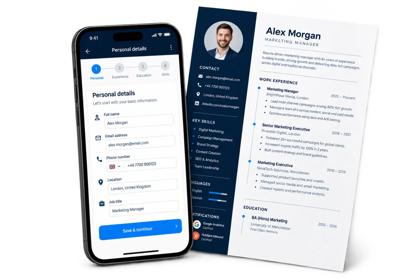 S2S CV Builder shown on a phone beside a professional A4 CV preview